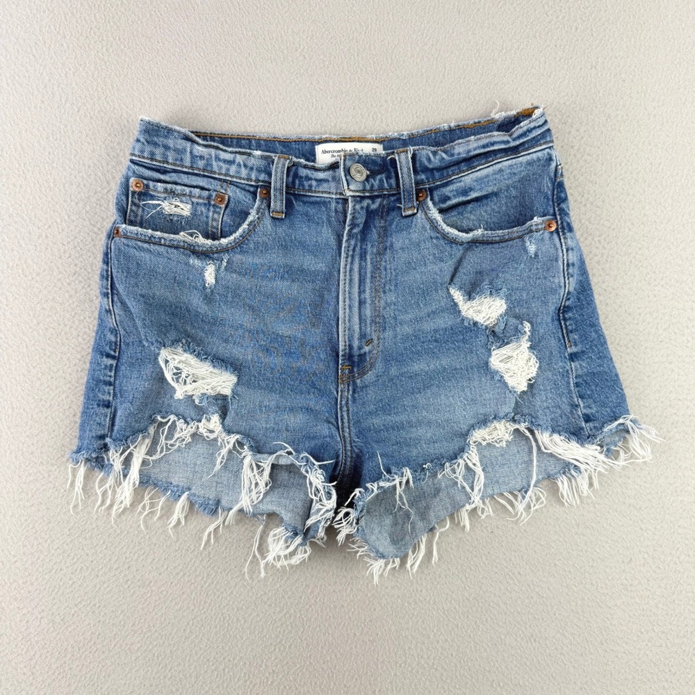 Abercrombie & Fitch The Mom Short High Rise‎ Women 28 Blue Distressed Curve Love